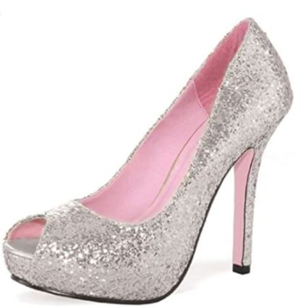 Silver Leg Avenue Ella Glitter 5" Peep-Toe Platform Heels - size 9, never worn